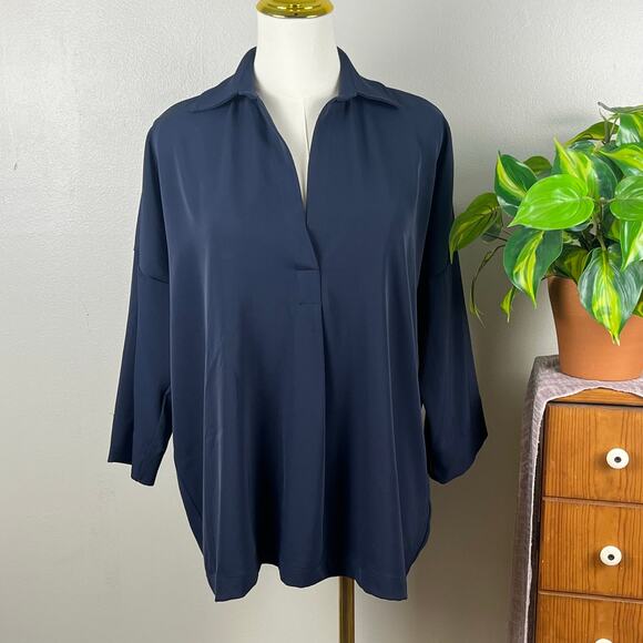 Melloday Navy Blue Cotton Blend V Neck Tunic Top Oversized XS - Picture 2 of 7